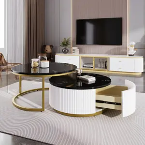 Modern Round Nesting Coffee Table Fluted with Storage Drawer, 27.6"