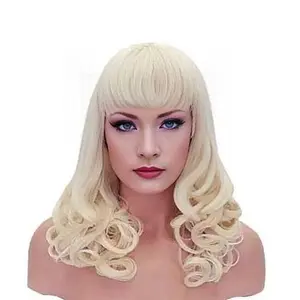 Curly Realistic Heat Resistant Platinum Blonde Pinup Style Wig with Bangs