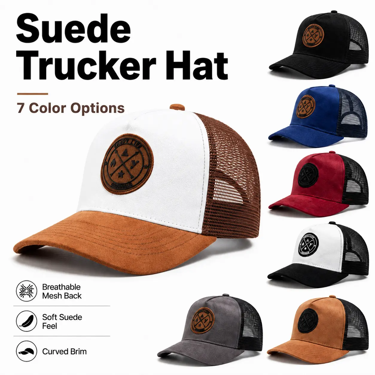 Unisex Suede Trucker Hat - Breathable Mesh Back, Adjustable Snapback Closure, Curved Brim, Ideal for Casual Outdoor Activities