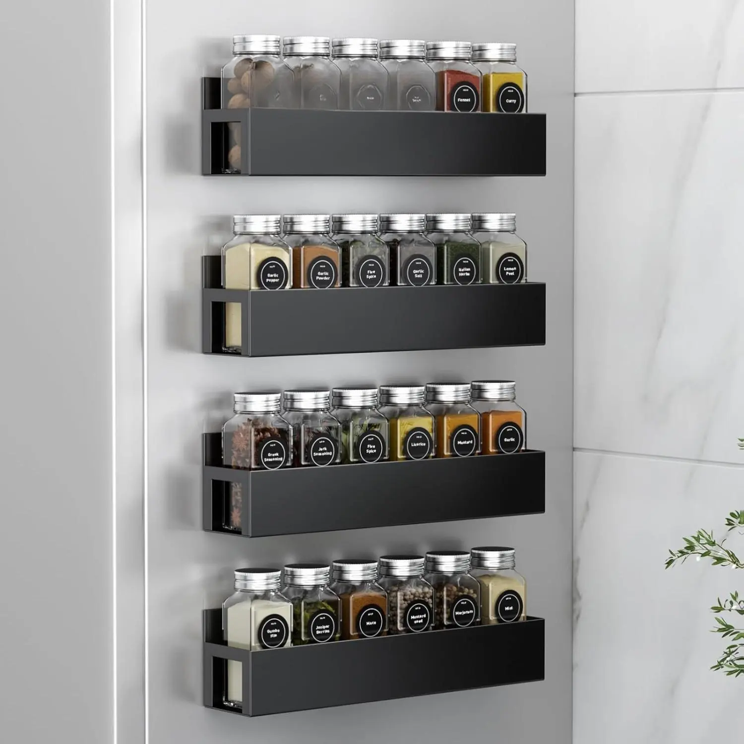 4 Pack Magnetic Spice Rack with 24 Spice Jars, Spice Labels, Chalk Marker and Funnel Set, Magnetic Spice Organizer Shelf for Refrigerator, Microwave, Seasoning Organizer for Kitchen