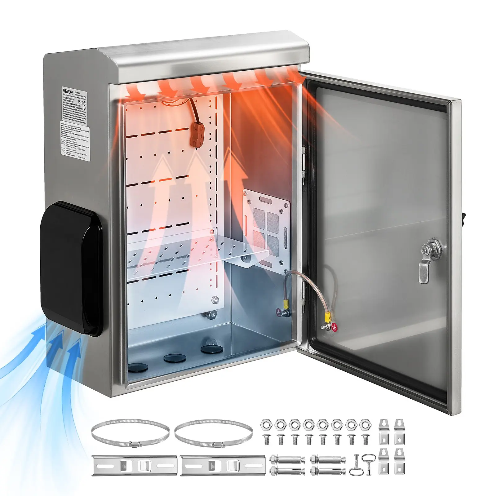 VEVOR Stainless Steel Outdoor Electrical Box (20X16x8" in) - IP65 Waterproof Junction Box with Built-in Thermostat, Cooling Fan, Ventilation, Filter Cotton, Rain Hood, Hinge Connection, Wall/Pole Mounted for Factories, Cover