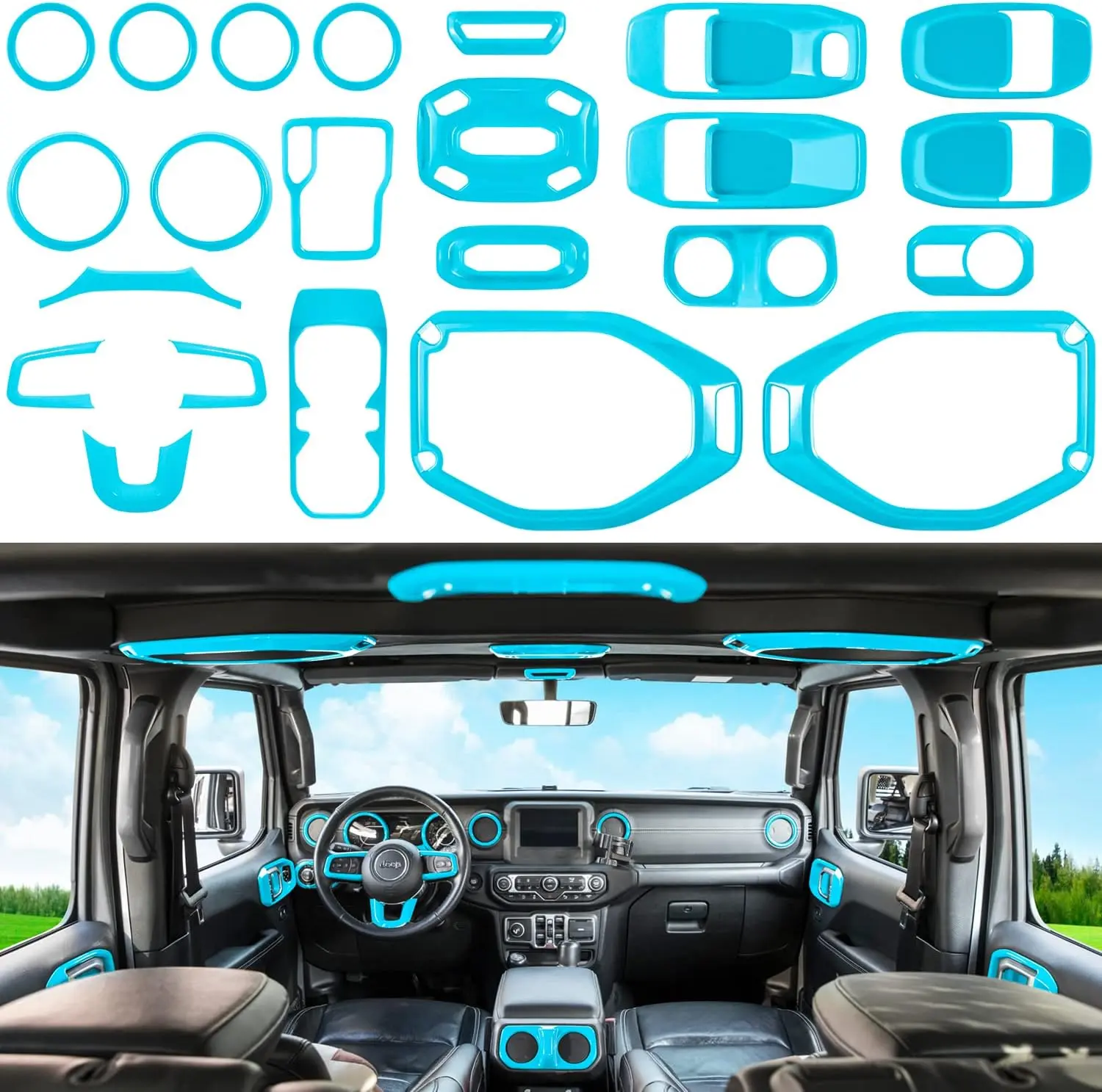 Carbon Fiber & ABS Plastic Interior Trim Kit Stickers, Multi-Piece Accessory for Jeep Wrangler JL/JLU/Gladiator JT 2018-2023 - Fits Steering Wheel, Door Handle, AC Vent, Cup Holder, Reading Light, Gear Cover, Central Control, Multiple Pieces