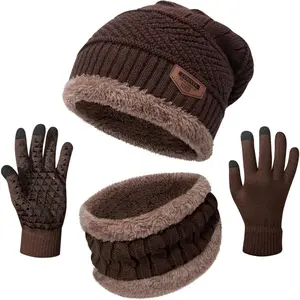 Winter Knit Set - A Three-piece Set Includes A Beanie, Scarf, and Gloves. This Black Set Is Perfect for Cold Weather.