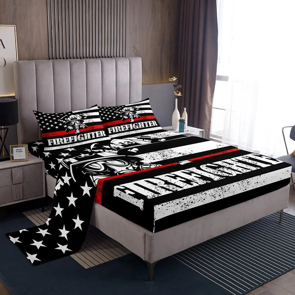American Flag Sheet Set,Firefighter Bed Sheet Set with Deep Pocket Fitted Sheet + Flat Sheet +,White Star Stripe Print Bedding Set for Kids Boys Teens Room Decor