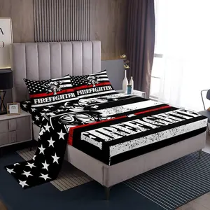 American Flag Sheet Set,Firefighter Bed Sheet Set with Deep Pocket Fitted Sheet + Flat Sheet +,White Star Stripe Print Bedding Set for Kids Boys Teens Room Decor