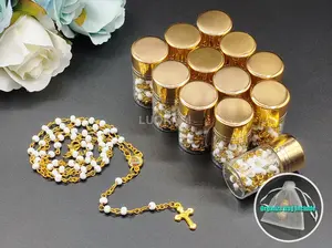 US LUOKASI 4/12pcs Baptism Favors White Wood Beaded Rosary Catholic Crucifix in Gold Glass Jar w\ Organza Bags Holly Communion Wedding Baby Shower Recuerdo De Bautizo Gifts or Souvenirs