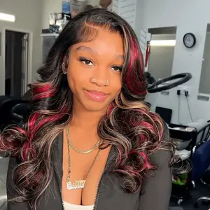 Body Wave Highlight Red Blonde 13x4 Transparent Lace Front Wigs Human Hair 180% Density Pre Plucked with Baby Hair For Woman