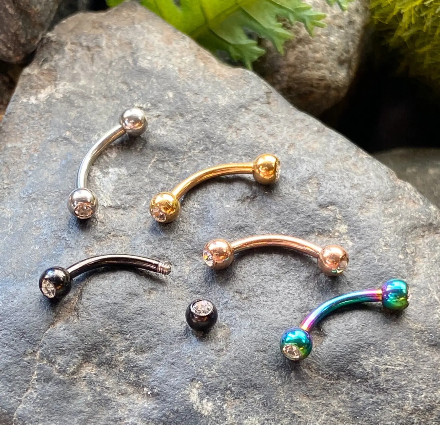 5pc Bulk Pack Five Colors Ion Plated Steel Gem Eyebrow Rings 16g Body Jewelry