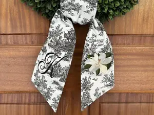 Personalized Magnolia Wreath Sash: Black Toile Chinoiserie Monogram Swag