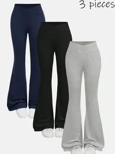3-Piece Set Of Girls' High-Waisted Cross-Flare Yoga Pants, Solid Color, Long Length,Fashionable Casual Sports And Fitness Pants, Active Pants