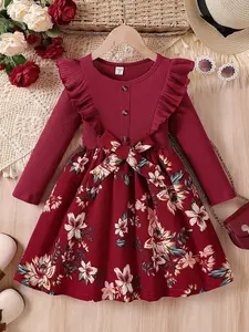Girls' Cute Toddler Gir Christmas Party Dress Burgundy Flora Print Ruffle Sleeve A-Line Holiday Dress for Ages 4-7 Festive Kids Winter Outfits Elegant Little Girl's Xmas Clothes Perfect for Family Photos