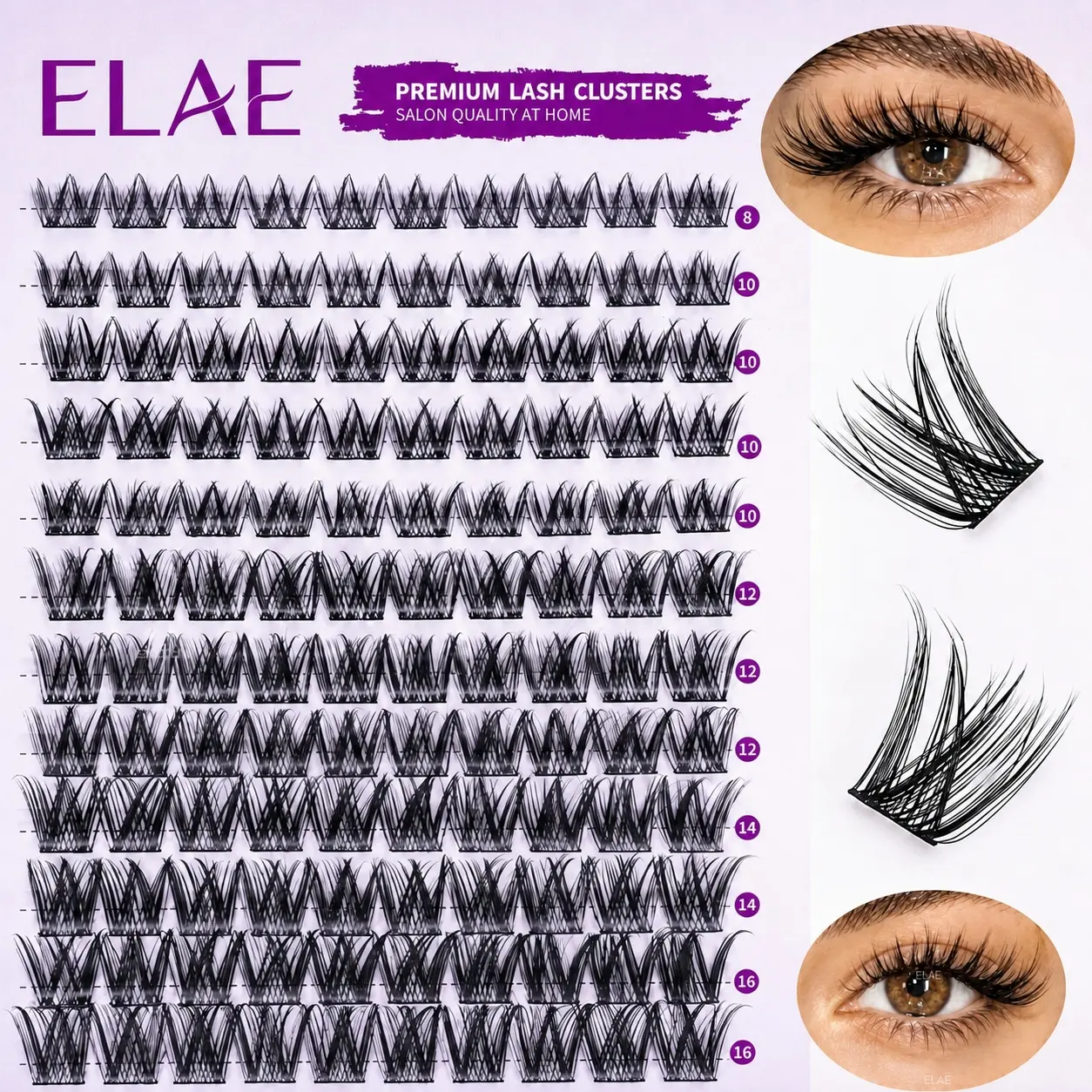 ELAE 140pcs Professional D-Curl Fluffy Wispy Voluminous Lash Cluster, Mixed-Length Segmented False Eyelash Extensions Pack for DIY Makeup Application