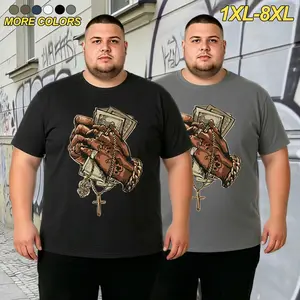 Sizes 1XL–8XL. Two styles of solid-color basic plus-size short-sleeve T-shirts with different prints. Each style is sold individually; multiple styles are available for everyday versatility. Crew-neck short-sleeve T-shirts suitable for daily outings, comm