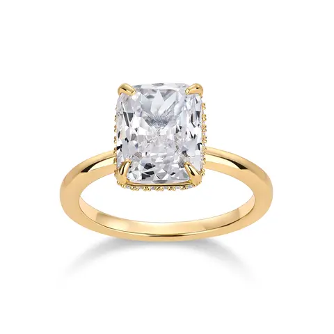 PAVOI 14K Gold Plated 3.5CT Square Radiant Cubic Zirconia Engagement and Promise Ring for Women - Hidden Halo Ring