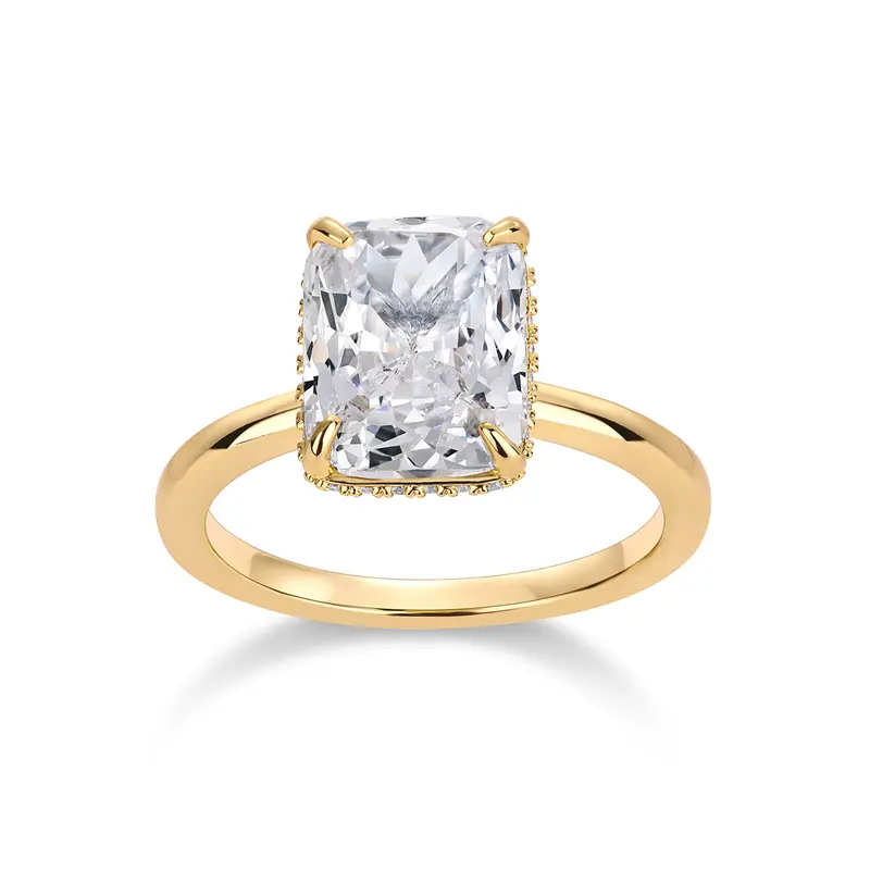 PAVOI 14K Gold Plated 3.5CT Square Radiant Cubic Zirconia Engagement and Promise Ring for Women - Hidden Halo Ring
