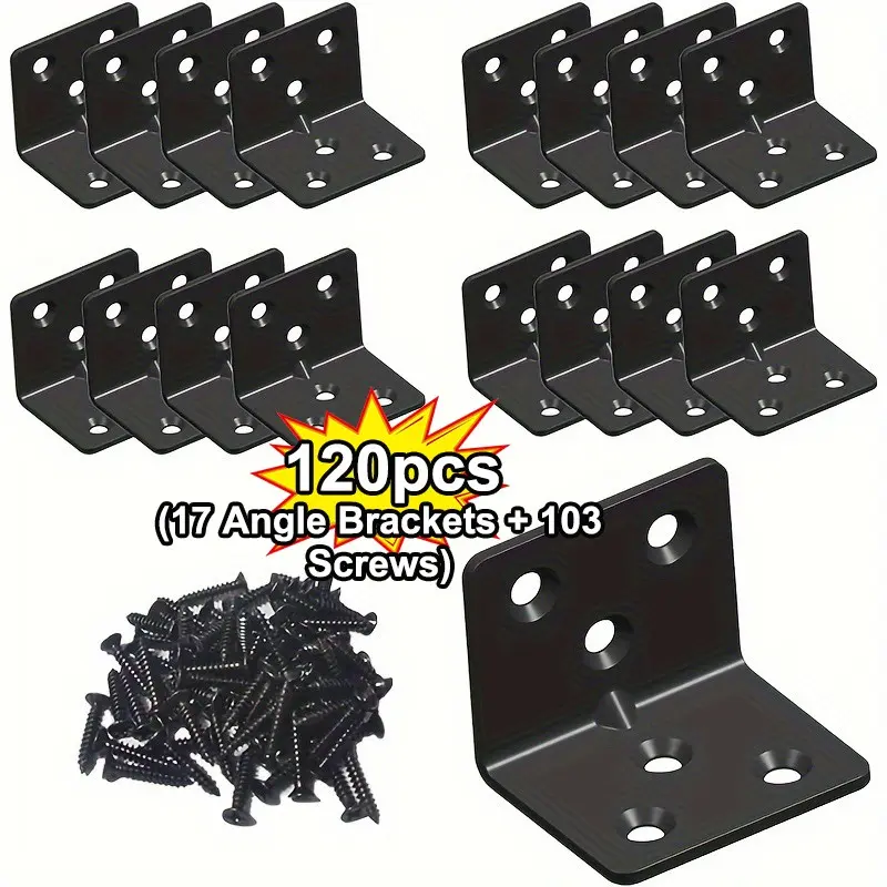 Heavy-Duty Bracket Set, 120-Piece Pack, 17 Shelf Brackets, 103 Screws, 6-Hole Pre-Drilled, Thickened Steel, L-Shaped, Sturdy Bracket, Corner Brackets