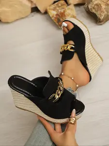 Women's Fashion Metal Chain Fish Mouth Peep Toe Slip-On Wedge Sandals, Thick Sole Rubber Sole, Boho Style, Textile Material, Plain Pattern