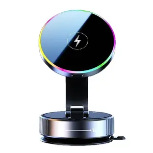 2026 Car Phone Holder 15w Wireless Charger, Boosted Hollow Suction Mount, Colorful Ambient Lights, Foldable Stand, 720° Panoramic View