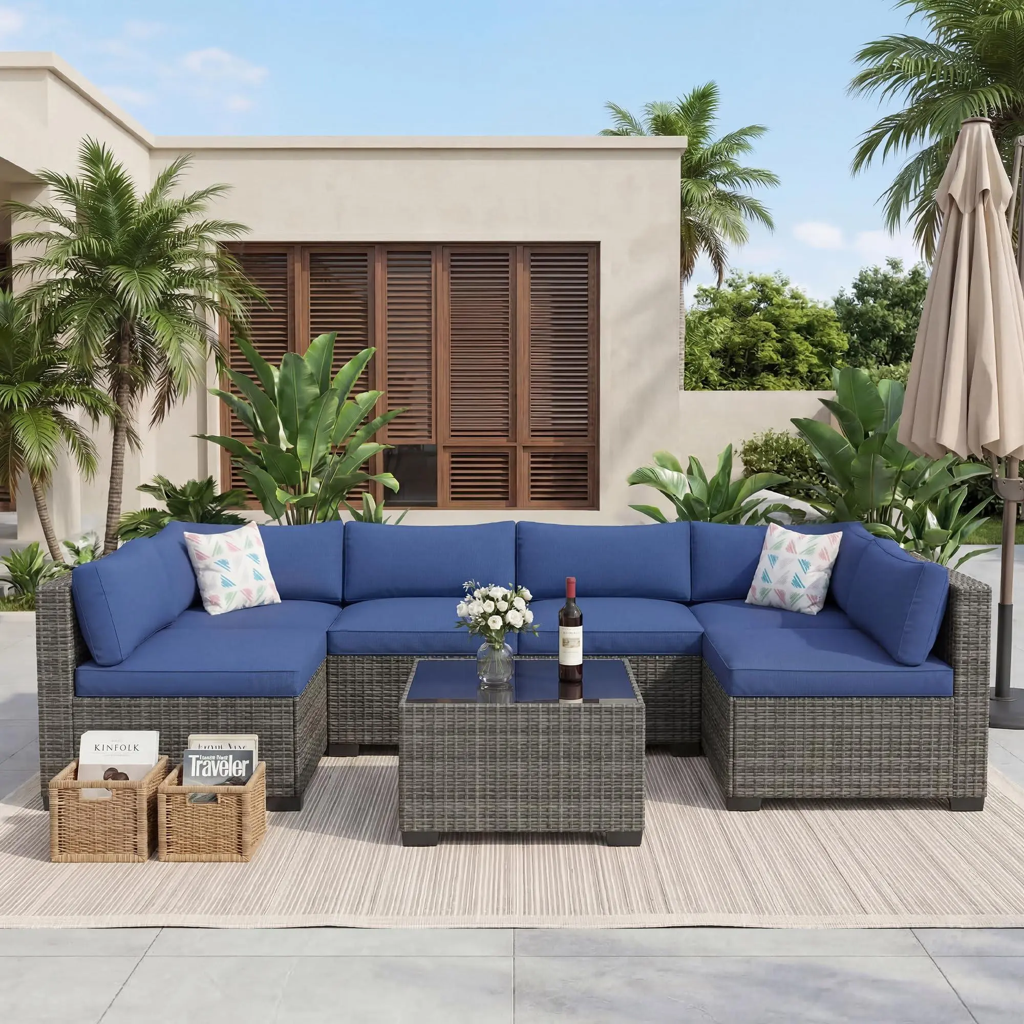 GARVEE 7-Piece Modern All-Weather Outdoor Sectional Sofa Set, Waterproof Wicker Patio Furniture with Removable Cushions, Conversation Set for Poolside, Backyard (Grey Rattan, Blue Cushions)