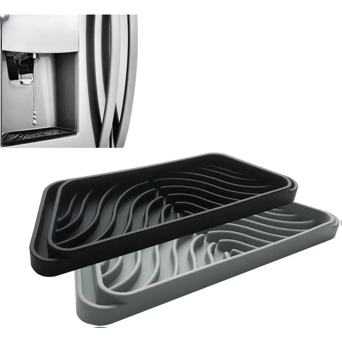 Silicone Refrigerator Drip Tray Catcher 2 packs,Protects Ice and Water Dispenser Pan From Spills,Fit Refrigerator Water Tray, Recycle and Dry Quickly (Rectangular, Black+Grey)