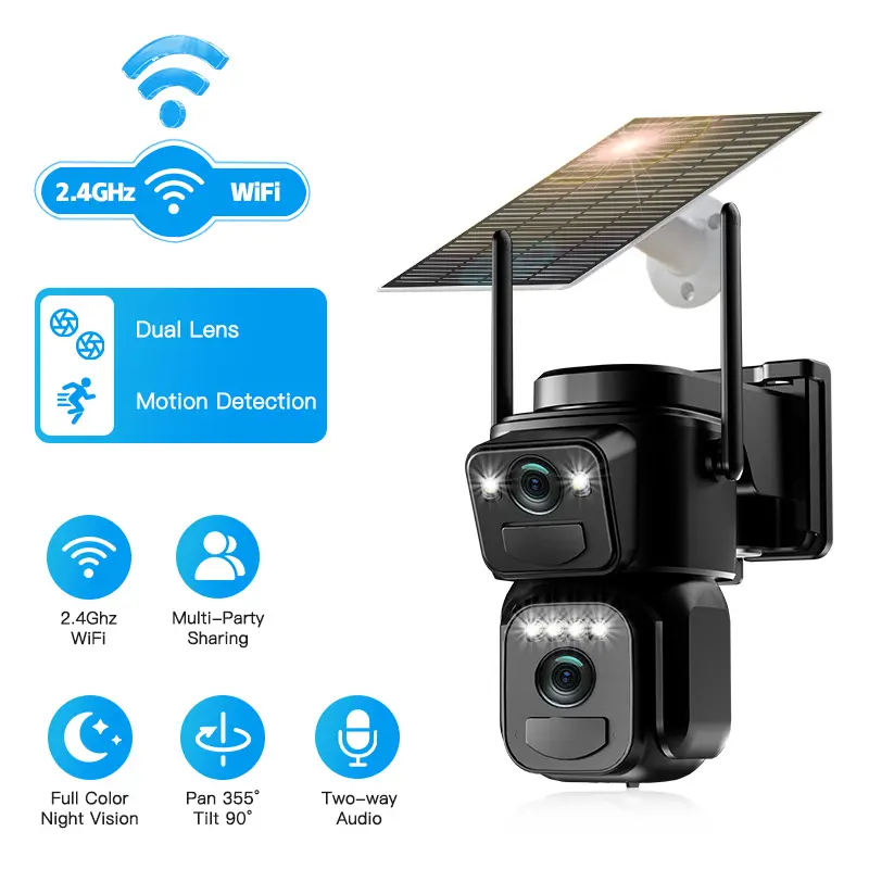 2K HD Dual Lens Solar Powered Wireless WiFi Security Surveillance Camera, 360° View Outdoor Cam, IP66 Waterproof, Color Night Vision, 2-Way Audio, Motion Sensor Alarm, Low Power Consumption, Portable Wall Mount Easy Phone Remote View,Safety Camera