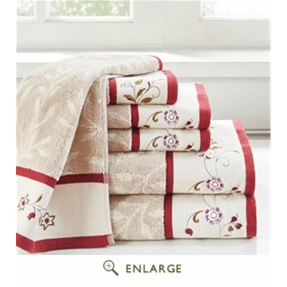212 MAIN Serene Series Flower & Leaf Embroidery Cotton Fabric Water-Absorbent 6-Piece Bathroom Towel Set - Red, Includes Wash Towels, Ideal for Home Users, Floral Bath Towels