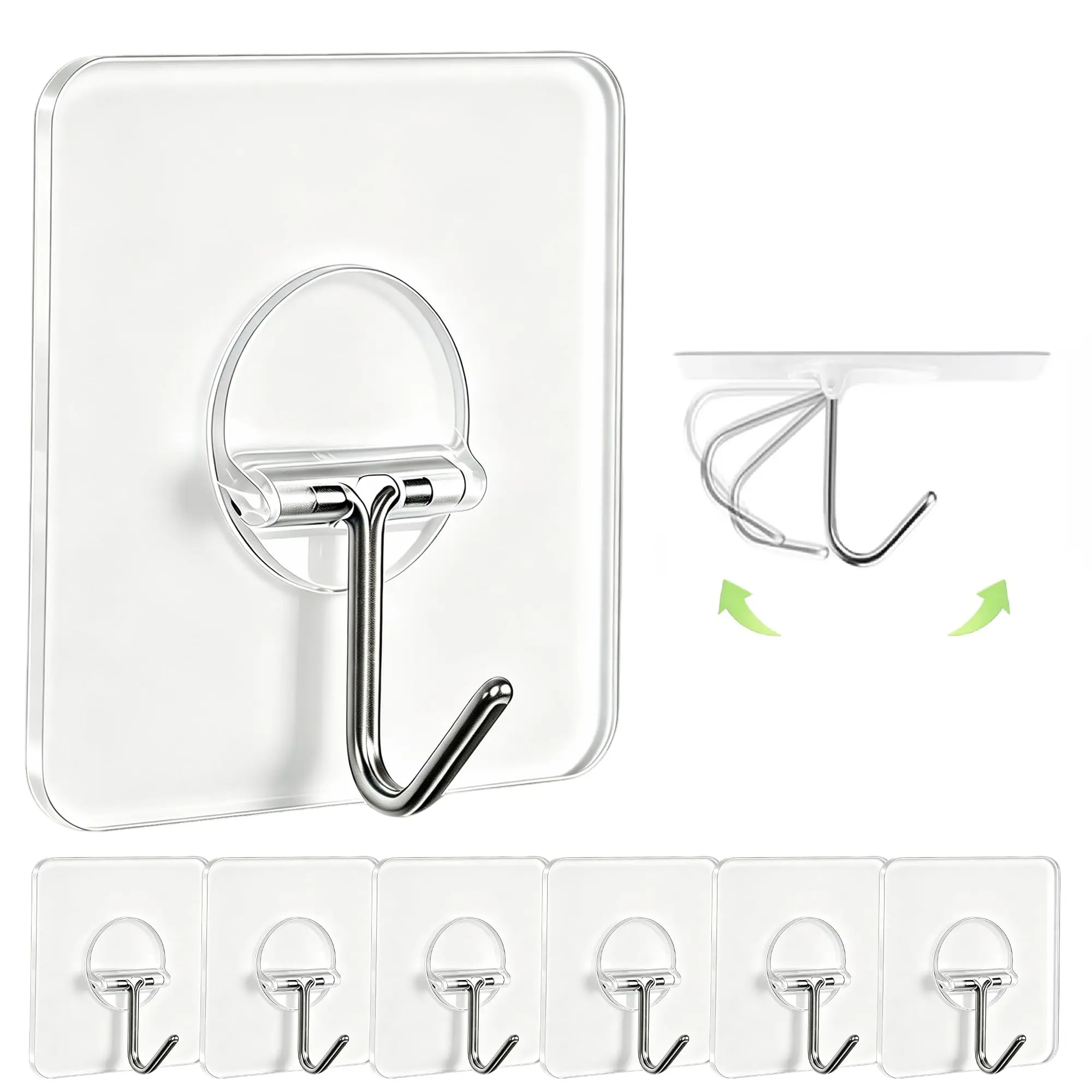 Adhesive Wall Hooks No Drill Clear Heavy Duty,13LB Sticky 8 Pack Waterproof Transparent Sticky Hooks for Hanging,13lbs Max Load No Damage,Ideal for Towel,Coat,Bathroom,Kitchen,Home