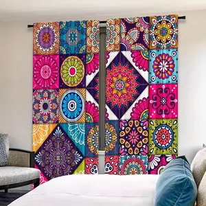 Boho Style Curtain Set, Colorful Mandala Patchwork Print Design, Ideal for Living Room & Bedroom Decor, Unique Atmosphere Enhancer, Window Curtain