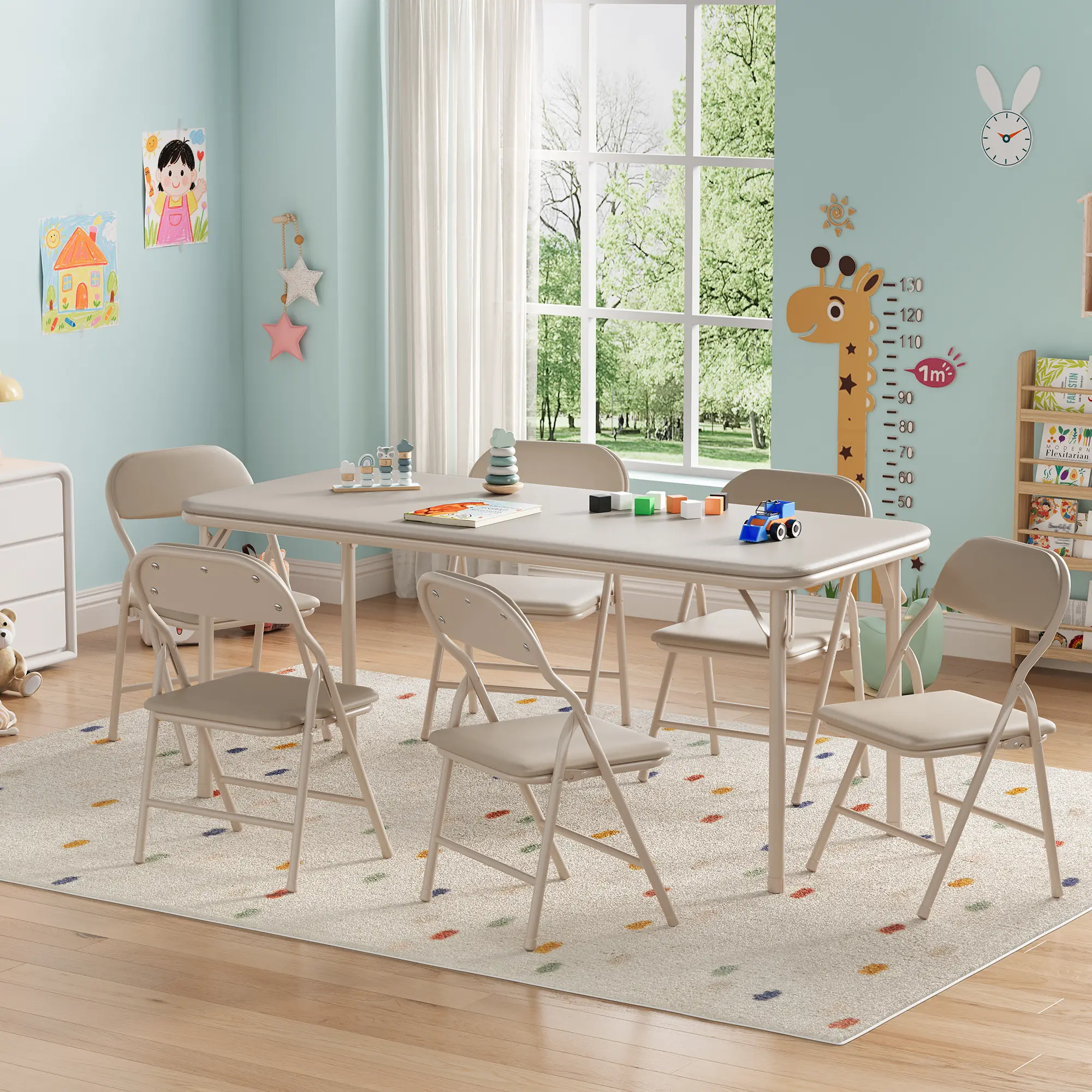 Kids 7-Piece Sturdy Rectangular Pu Leather Table & Chairs Set, 47 x 20 x 20 Inches Folding Activity Set for Dining Room, Daycare Use