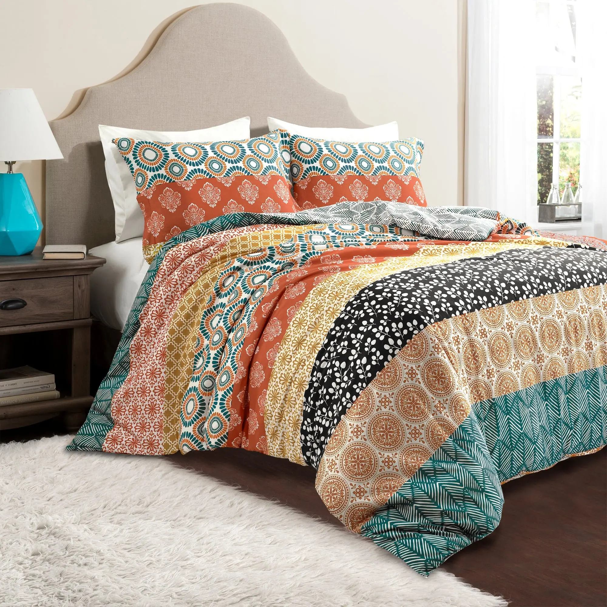 Lush Decor Bohemian Stripe Cotton Reversible Duvet Cover Set Vibrant Rainbow Colors Geometric Print OEKO-TEX Certified Machine Washable