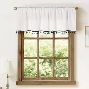 2 Pack Faux Linen White Kitchen Valances with Tassels Modern Farmhouse Valance Curtains Topper Country Rustic Bathroom Small Window  Boho Decor (54x15 inch, Black Tassels)