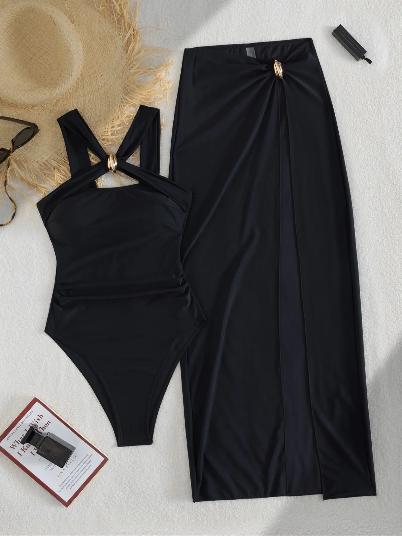 Women's Fashion Chic Elegant Ruched Sleeveless Fit Jumpsuit Dress Set, Crossed Strap Design, Metal Accessories, Side Slit Long Skirt, High-End and Elegant Outfit, Womenswear