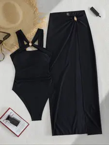 Women's Fashion Chic Elegant Ruched Jumpsuit Dress Set, Crossed Strap Design, Metal Accessories, Side Slit Long Skirt, High-End and Elegant