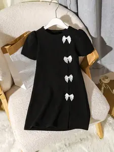 Elegant A-Line Dress for Teenage Girls, 3D Bow Detail, Bubble Sleeves, Knee-Length, Polyester, Spring Summer Party Gown