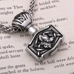 Viking Mjolnir Thor's Hammer Fenrir Wolf Stainless Steel Pendant Necklace