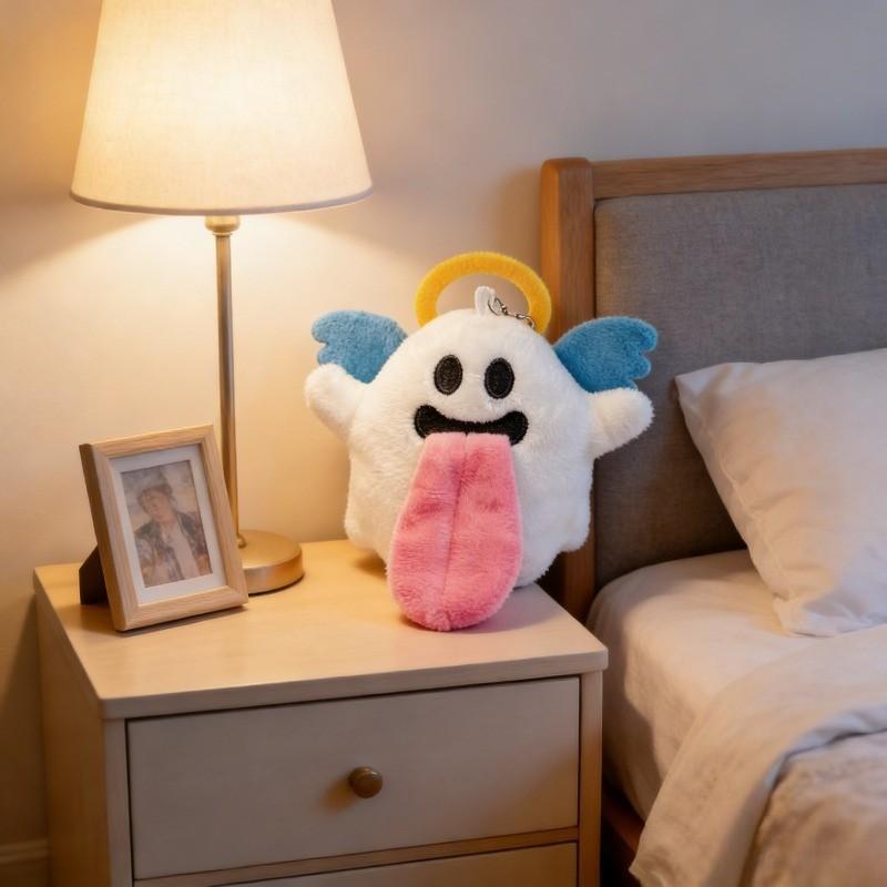 2026 Plush Keychain of Quirky Angel Ghost Design, Soft Furry Texture with Halo and Blue Wings, Funny Long Tongue for Cute Accessory Lovers