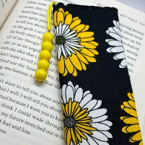 Hand-sewn Sunflower Print Bookmark with Yellow Beads and Daisies | Book Lovers bookmark handmade bookmarks bookmarks for sale