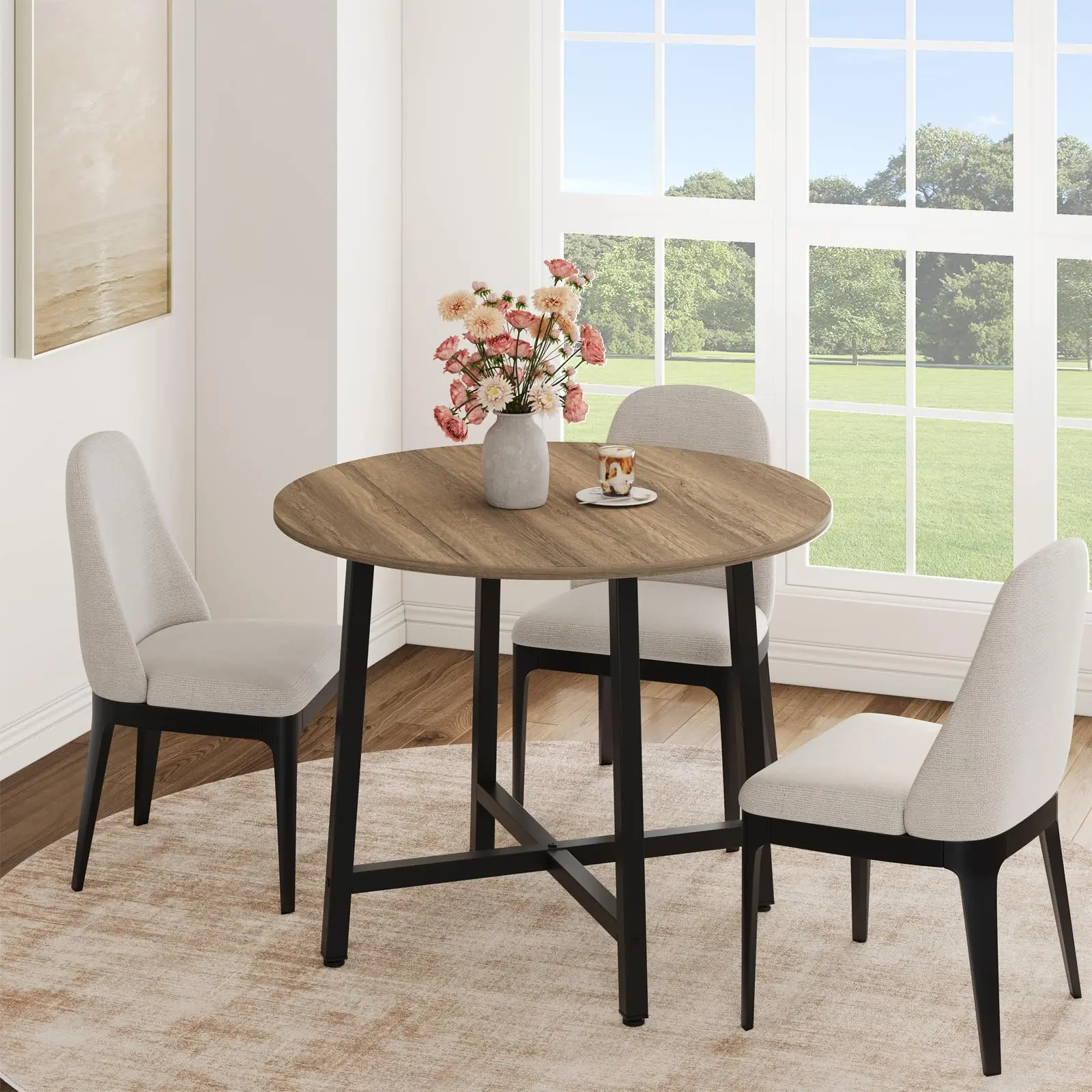 Garvee Compact Round Dining Table for 4, 31.5in Engineered Wood Farmhouse Kitchen Table - Water-Resistant Surface, Sturdy Steel Frame - Ideal for Small Spaces Breakfast Nook (Rustic Oak), Dining Tables