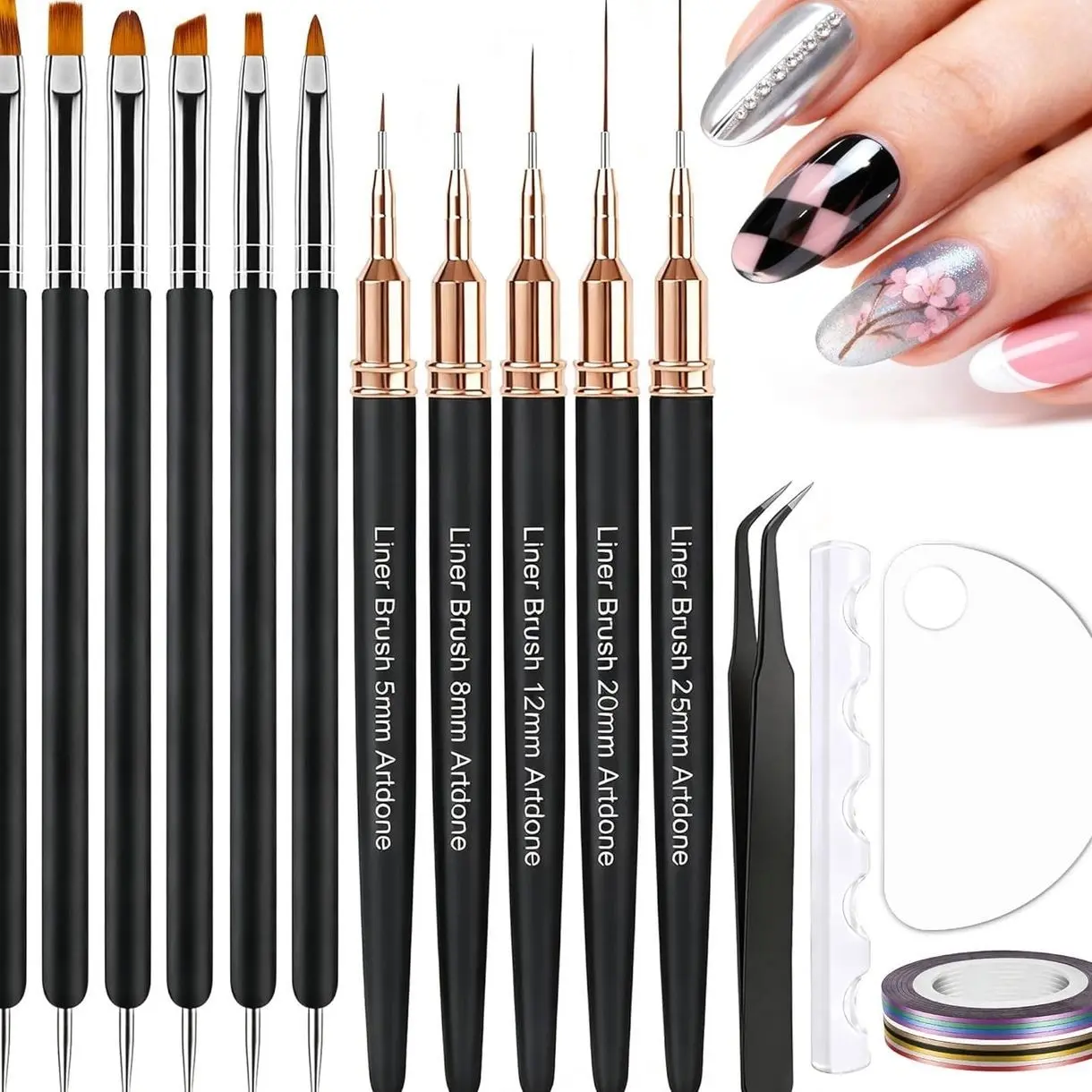 Nail Striping Tape Lines Kit With Nail Art Pens Dotting Tools And Liner Brushes For Gel Polish Small Detail Drawing Design Paint