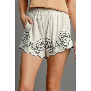 Women's Linen-Blend Shorts, Umgee Feminine Floral Embroidered Bottoms for Plus Size, Hip-Flattering Women's Clothes