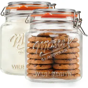 [] 2 Pack Half Gallon Mason Jar with Hinged Lid, Wide Mouth Glass Flour Container for  Storage, Cookie, Coffee, Pickle - 64 Oz Glass Jar with Glass Lid -  Mason Jars w 2 Scale Marks