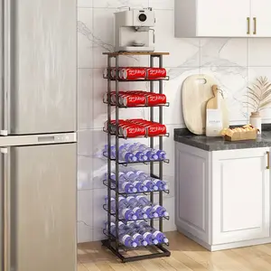8 Tier Water Bottle Storage Rack with Wooden Tabletop, Metal Beverage Can Rack, Large Capacity Bottled Rack Water Bottle Holder Stand for Cabinet, Countertop Kitchen, Party, Black