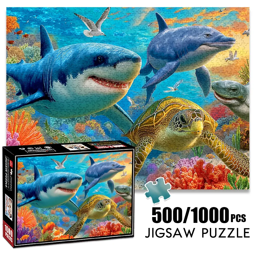 1pc 1000 piece adult puzzle 70x50cm Shark, Dolphin, Turtle and Marine Life in Coral Reef 500 pieces of paper jigsaw puzzle, suitable for adults and families, large-scale DIY puzzle interactive to