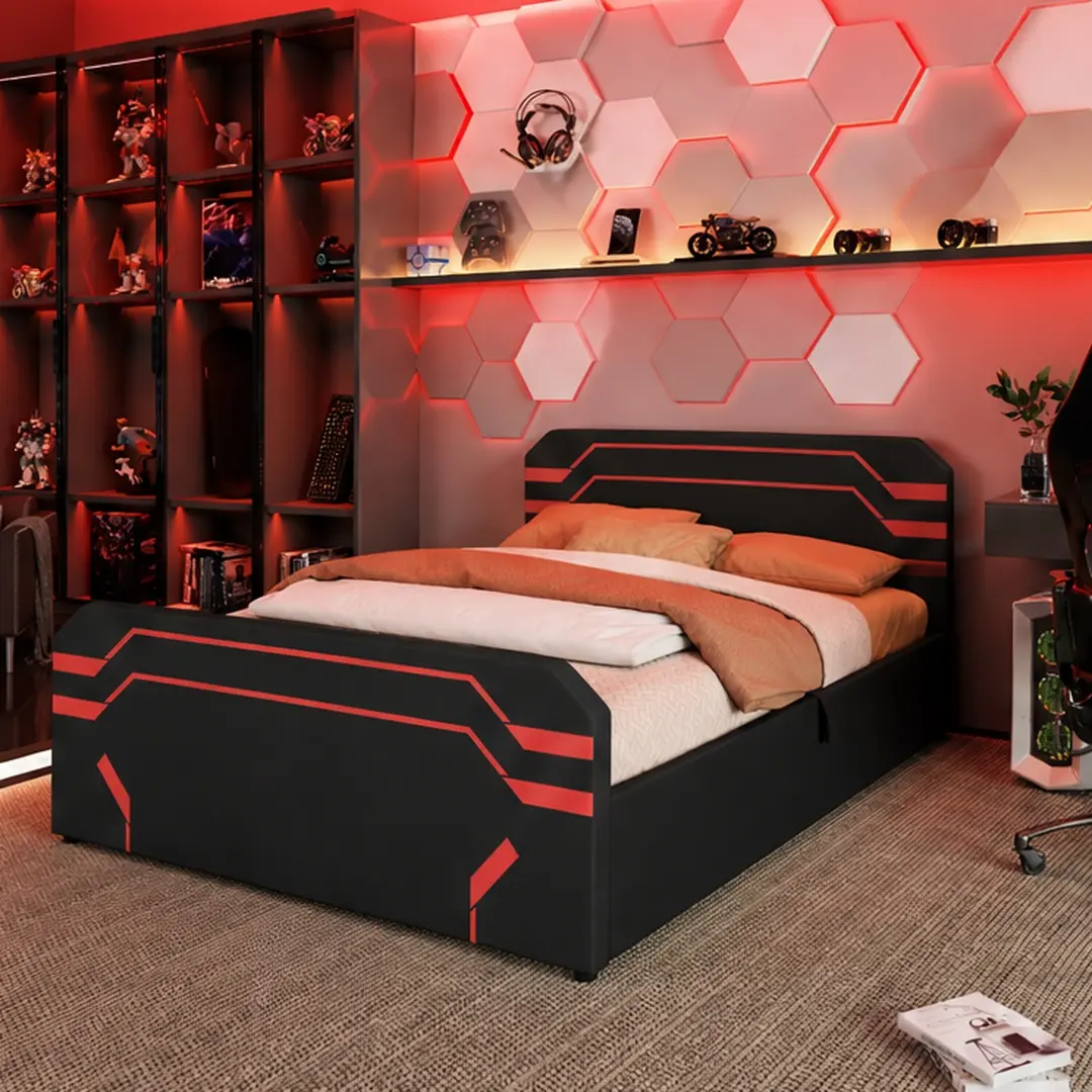 Queen Size Upholstered Gaming Bed Frame with Side-Lift Hydraulic Storage, Cyberpunk Futuristic Pattern Platform Bed for Gamers, Black+Red, No Box Spring Needed, Easy Assembly, Bedroom Furniture, Queen Size Options, Black+Red Color Options