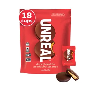 (A)UNREAL Dark Chocolate Peanut Butter Cups, Individually Wrapped Low Sugar Chocolate Snacks with Organic Ingredients, Vegan, Gluten Free, Non-GMO, Value Size Bag 9.5 oz