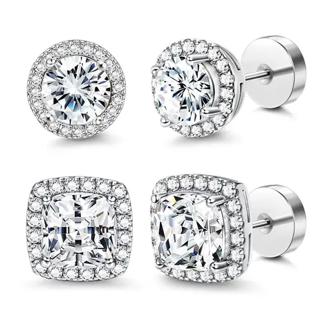 FASACCO Unisex 7mm Flat Back Cubic Zirconia Stud Earrings - Geometric Round/Square, Nickel-Free Metal, AAA+ CZ Shine, Durable Costume Jewelry, Fashion Studs, Men's Earrings for Daily Wear sohochic