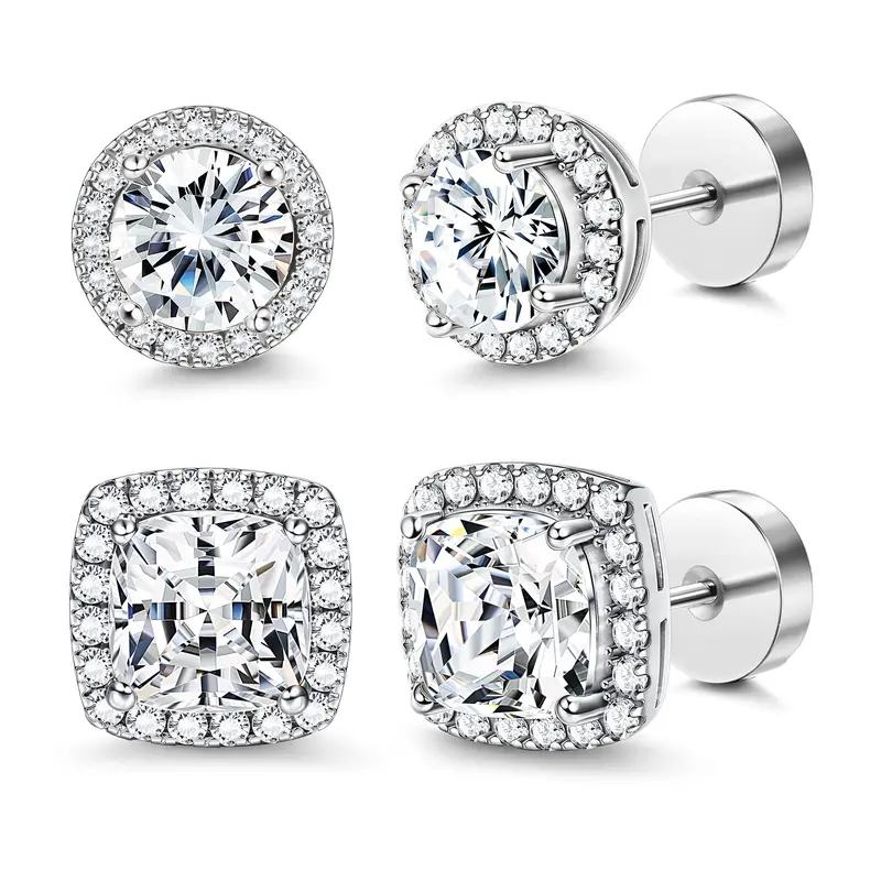 FASACCO Unisex 7mm Flat Back Cubic Zirconia Stud Earrings - Geometric Round/Square, Nickel-Free Metal, AAA+ CZ Shine, Durable Costume Jewelry, Fashion Studs, Men's Earrings for Daily Wear sohochic