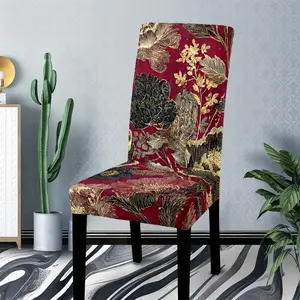 Red background floral pattern polyester printed Dining Chair Cover, retro luxury style, black, gold and brown interweaving, exquisite embroidery texture, suitable for decoration in restaurants or living rooms,