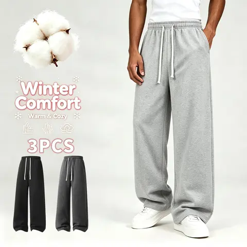 Men's 3-Pack Baggy Wide-Leg Thick Cotton Blend Sweatpants - High Waist with Drawstring, Street Style Bottoms for Winter Loungewear, Activewear, Athletic