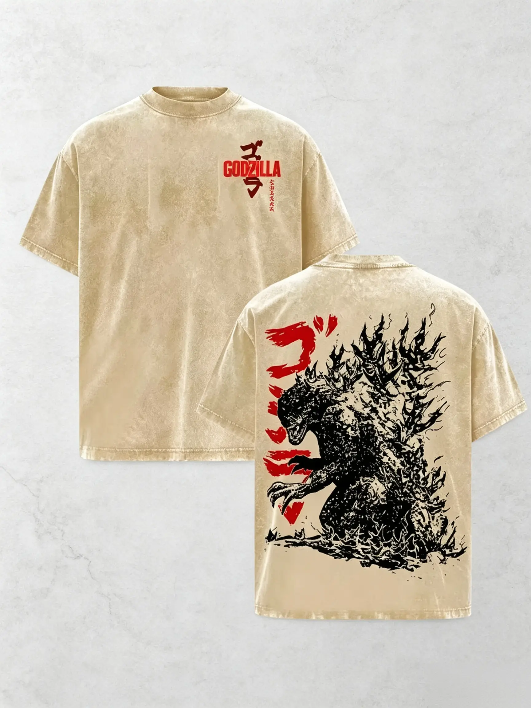 Godzilla Retro Vintage Oversized Washed T-Shirt– Unisex Heavyweight Cotton Streetwear Pullover, Classic Movie Fan , Gift for Men